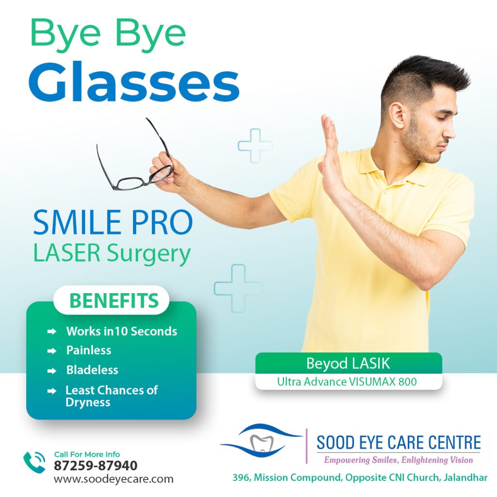 Sood Eye Care Center in Jalandhar offers advanced glasses removal surgery options, including LASIK and ICL procedures, ensuring clear vision without the need for spectacles or contact lenses. With experienced eye specialists and state-of-the-art technology, the center provides safe, effective, and personalized treatments tailored to each patient’s needs. Say goodbye to glasses and enjoy a hassle-free lifestyle with Sood Eye Care Center.